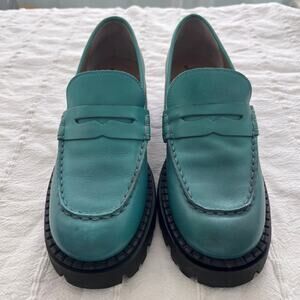 Free People Lyra Teal Leather Chunky Lug Sole Loafers EU 38 NWOB
